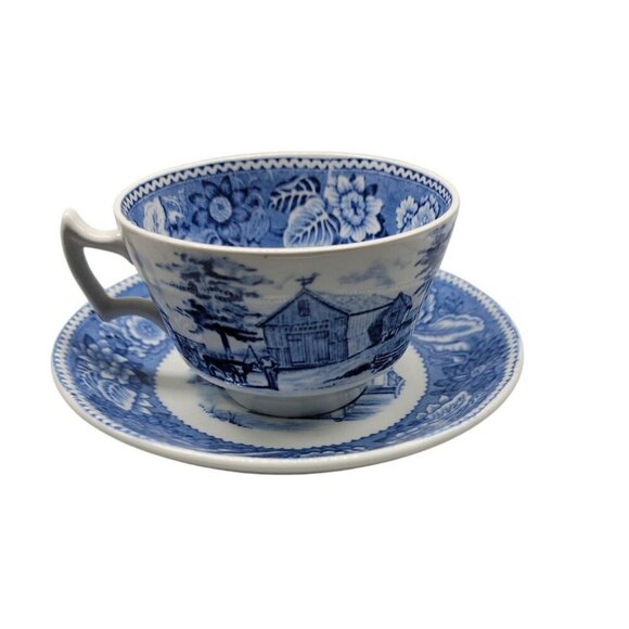 Wood & Sons Teacup & Saucer Blue Transferware Old Sturbridge Village Vintage - Picture 4 of 16
